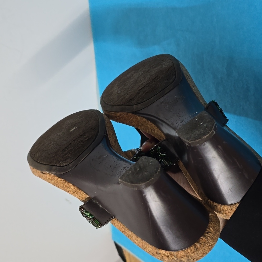 Kenneth Cole Reaction Turquoise Beaded Woven Cork Wedge Thong Sandals Shoes - Picture 9 of 11